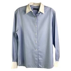 Alain Figaret Button Down Shirt Womens 40 Blue White Chevron Long Sleeve Classic